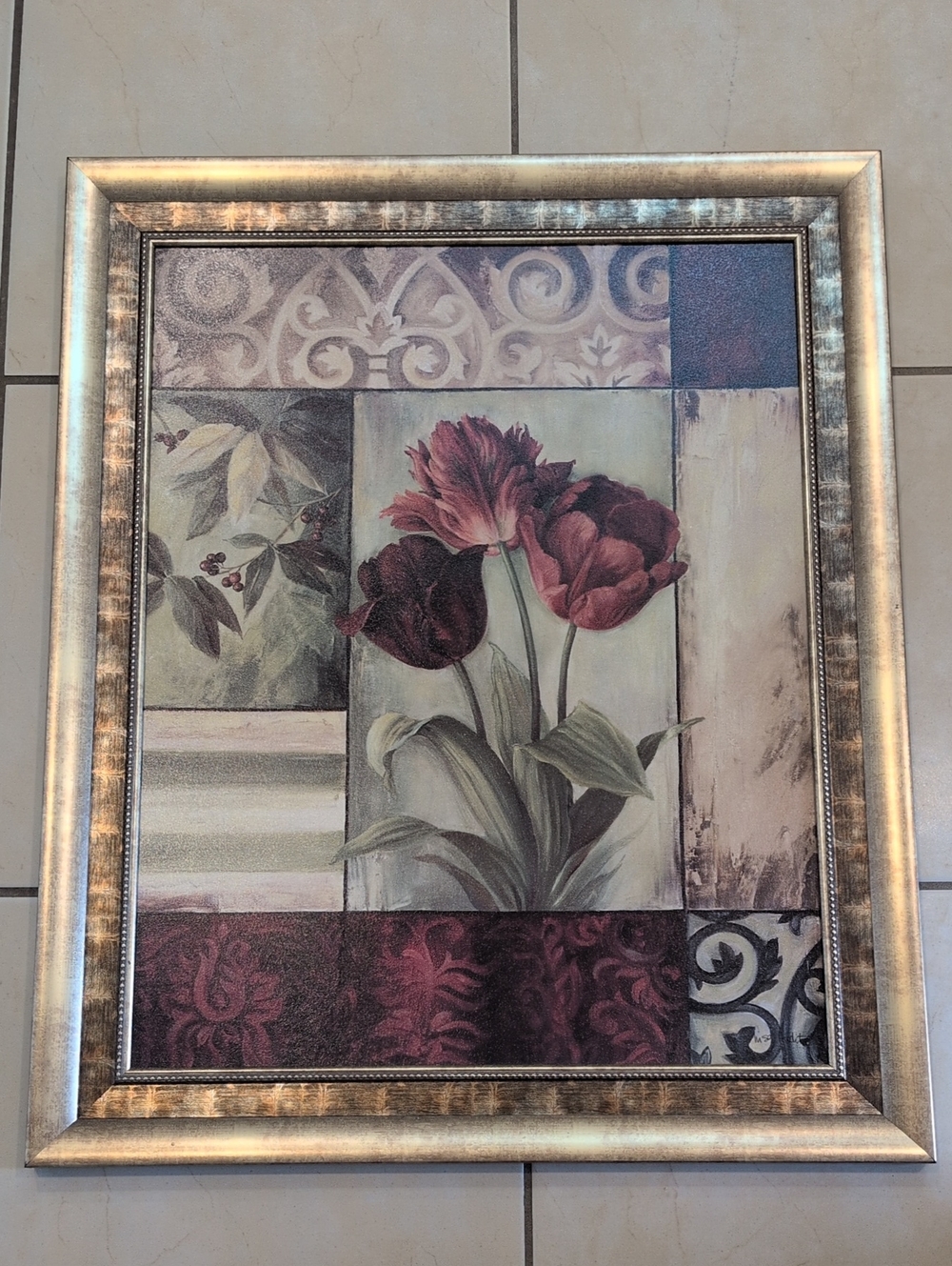 Large Framed Floral Wall Art Print in Burgundy,Green And Gold